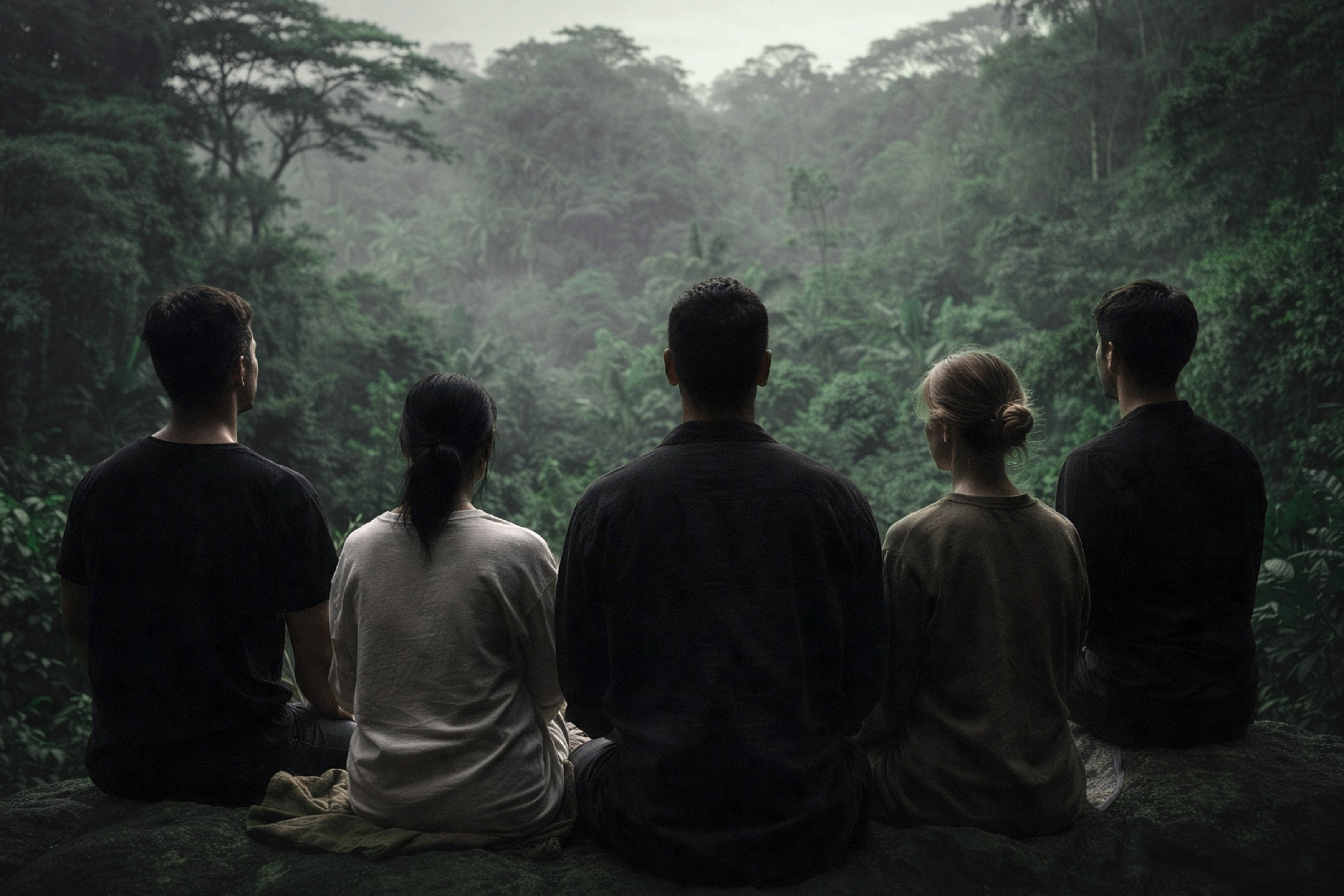 A quiet group of people seen from behind, facing a deep tropical jungle in a calm shared moment of community and reflection.